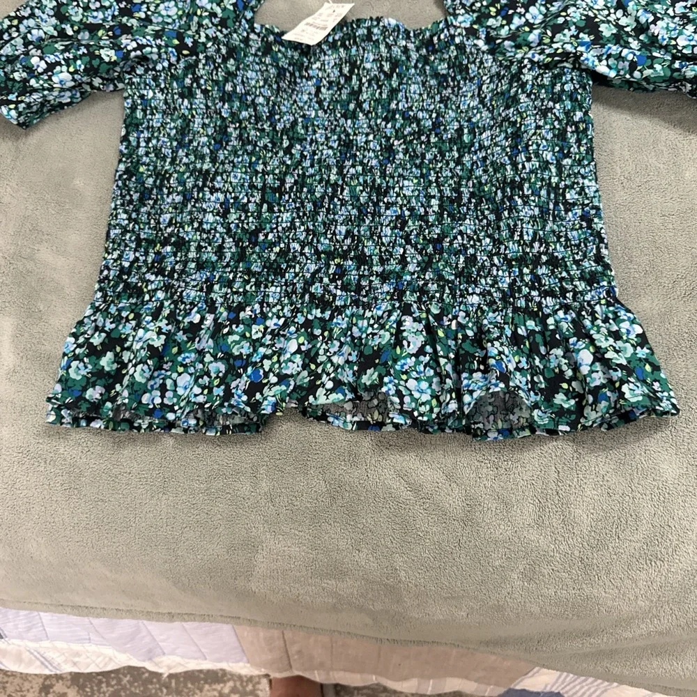 J. Crew Navy Blue & Green Floral Smocked Puff-Sleeve Top
